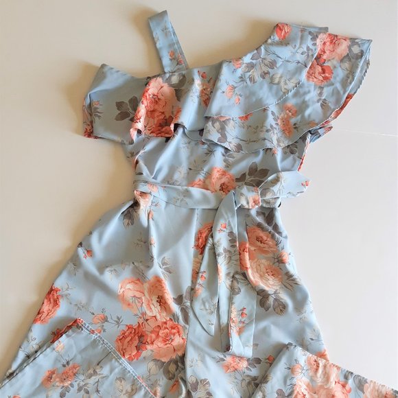 Women's Rose Floral Print Ruffle Hem Romper Short Sleeve Wide Leg Jumpsuit - Picture 9 of 13